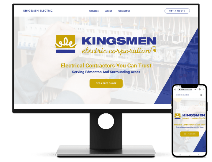 A mockup of the Kingsmen Electric website, showcasing a responsive design with a desktop monitor and a smartphone, highlighting the Pro Website Package features for this Edmonton-based electrical company.