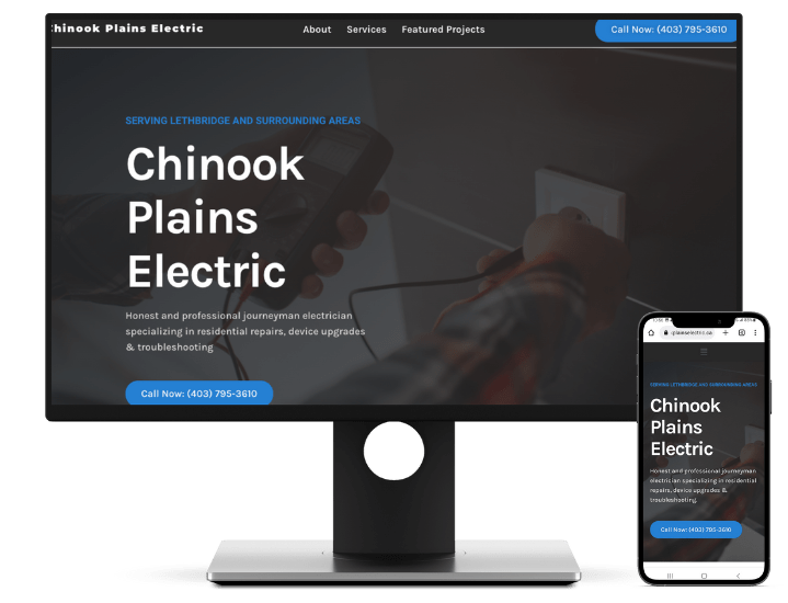 A mockup of the Chinook Plains Electric website, showcasing a responsive design with a desktop monitor and a smartphone, highlighting the Starter Website Package features for this Lethbridge-based electrical company.