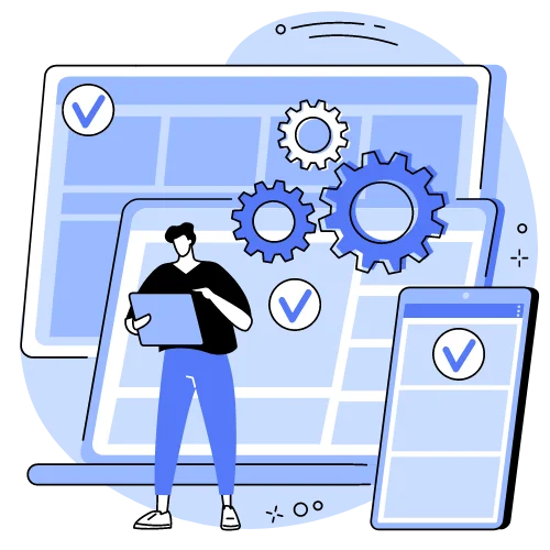 A website designer stands confidently, holding a tablet, with a large smartphone, tablet, and desktop computer behind him. Each screen displays a checkmark, while the designer appears engaged in scheduling appointments.