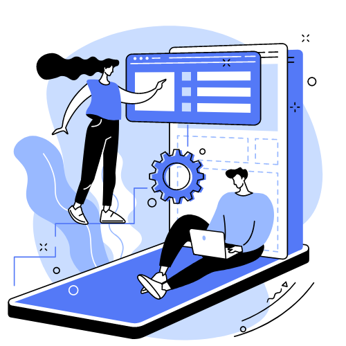 A website designer sits on a big smartphone, simultaneously working on a laptop. Another web designer stands above, dragging elements onto a big screen, accompanied by a spinning gear.