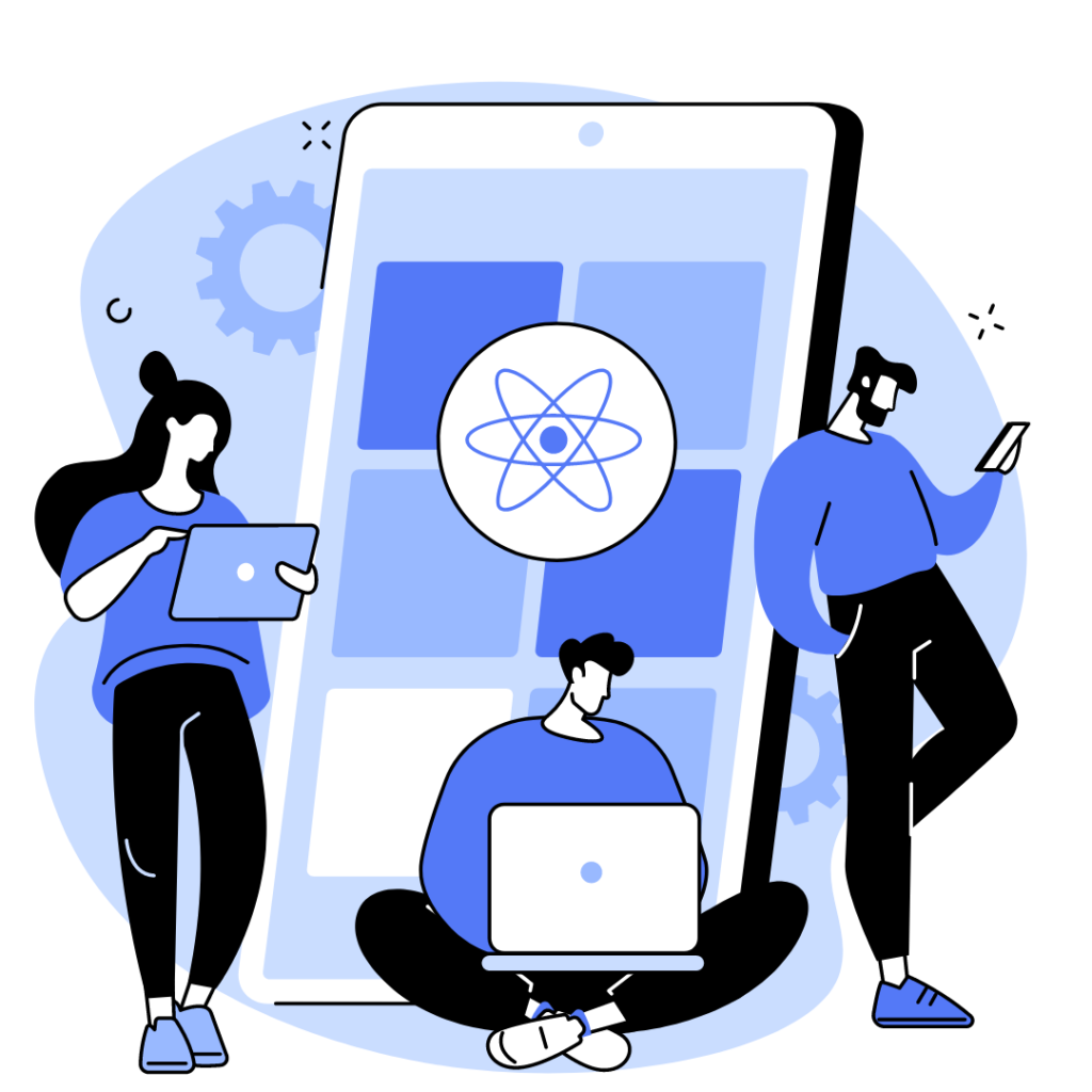 Three web designers, a man with a laptop, a man with a smartphone, and a woman with a tablet, standing in front of a large smartphone, discussing responsive website design.