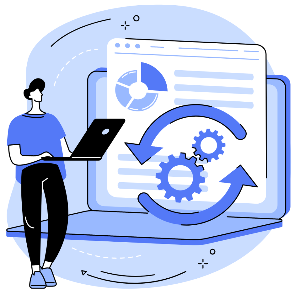 A skilled website designer, stands in front of a large laptop adorned with moving gears and a pie chart, representing an optimized website. With a strong focus on building the best website, he works attentively on his own laptop, implementing his expertise and creativity.
