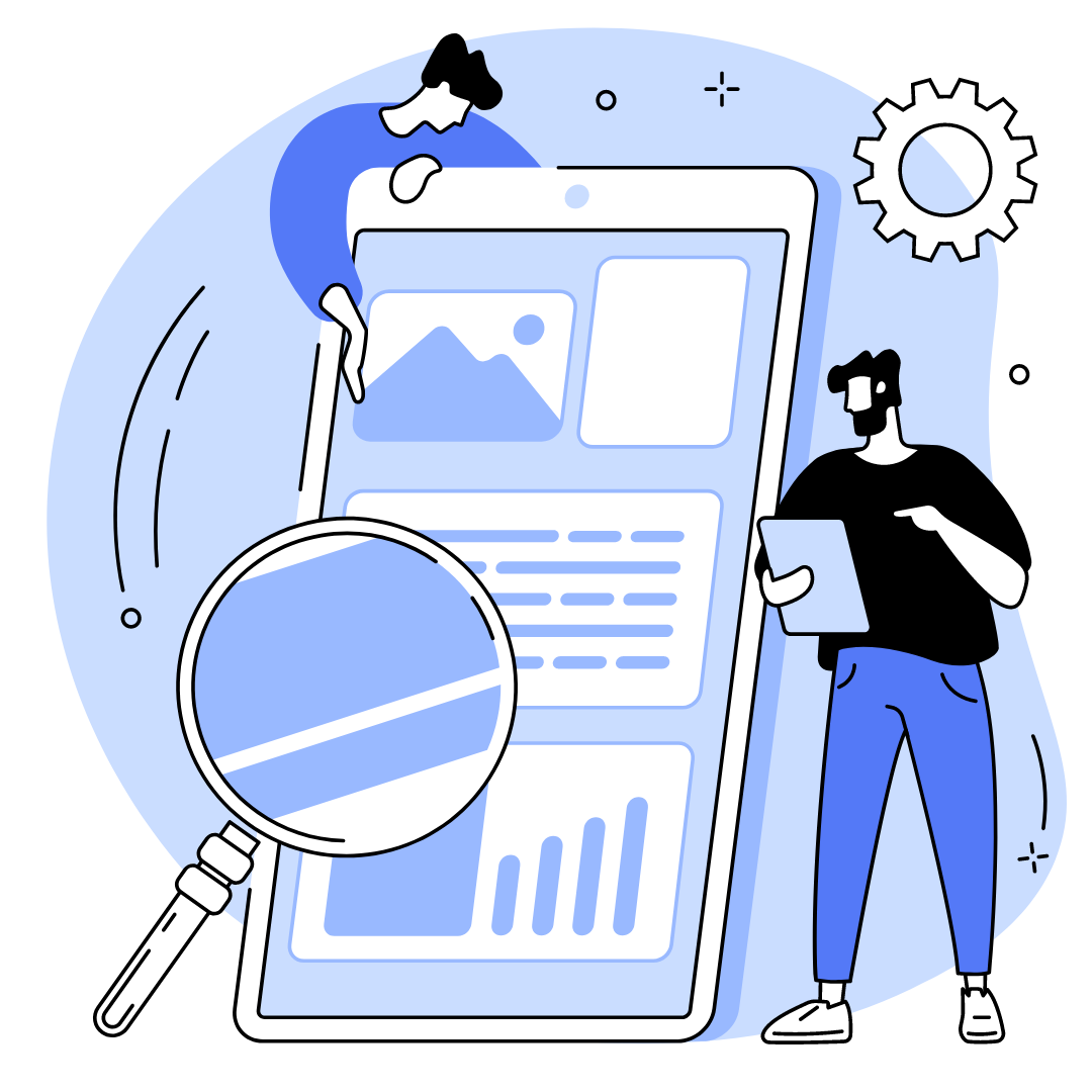 Two web developers collaborate on building and optimizing a website for SEO. One adds elements to a large tablet while the other works on a smaller tablet. A prominent magnifying glass represents improved search rankings, and a spinning gear symbolizes the high performance of the website.