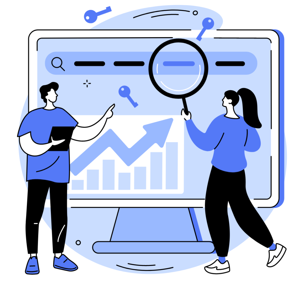 A man holding a tablet points towards a computer screen displaying a graph depicting growth and keys, while a woman examines it with a large magnifying glass. They are both discussing the progress of their SEO strategy.