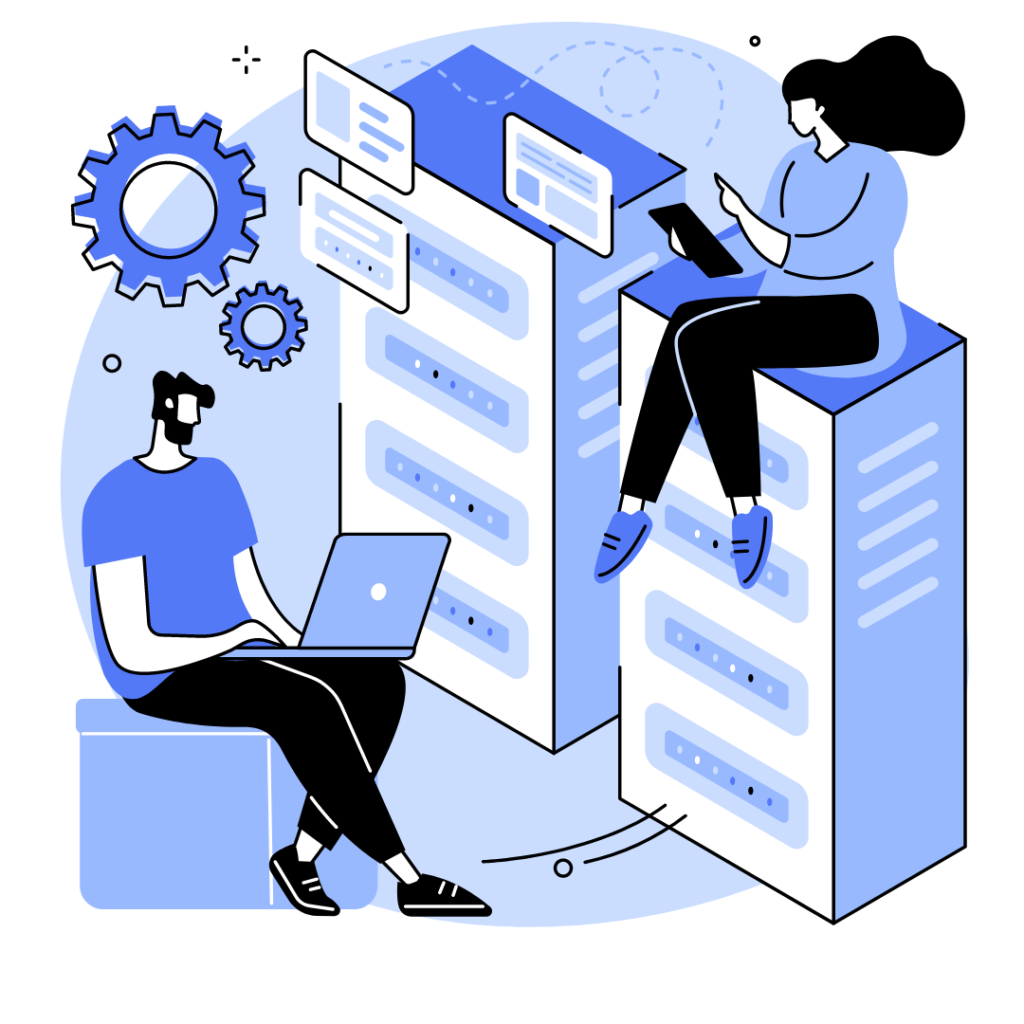 A man sitting at a desk, focused on his laptop, surrounded by spinning gears representing creative thinking. Above him, a woman sits on a large computer server, engrossed in her work while using a smartphone. Both individuals are dedicated to building the best website possible.