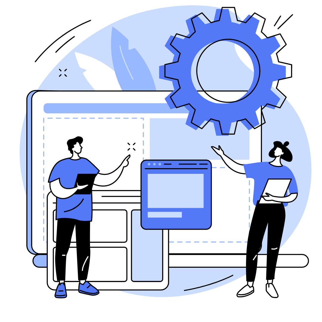 Two website designers standing, each holding a tablet and pointing towards a large tablet in front of them. Above them, a large gear is spinning, symbolizing innovation and problem-solving."