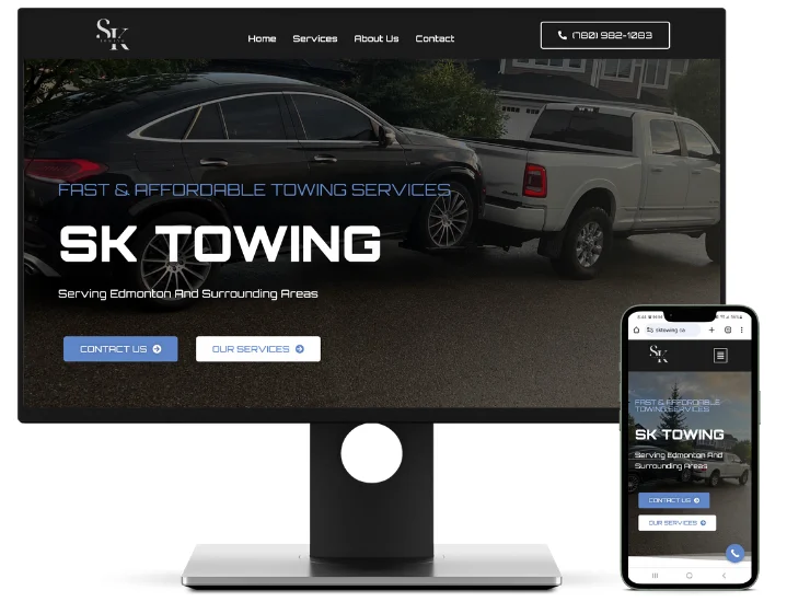 A mockup of SK Towing, displaying a responsive design with a desktop monitor and a smartphone, showcasing the Pro Website Package features for this Edmonton based towing company.